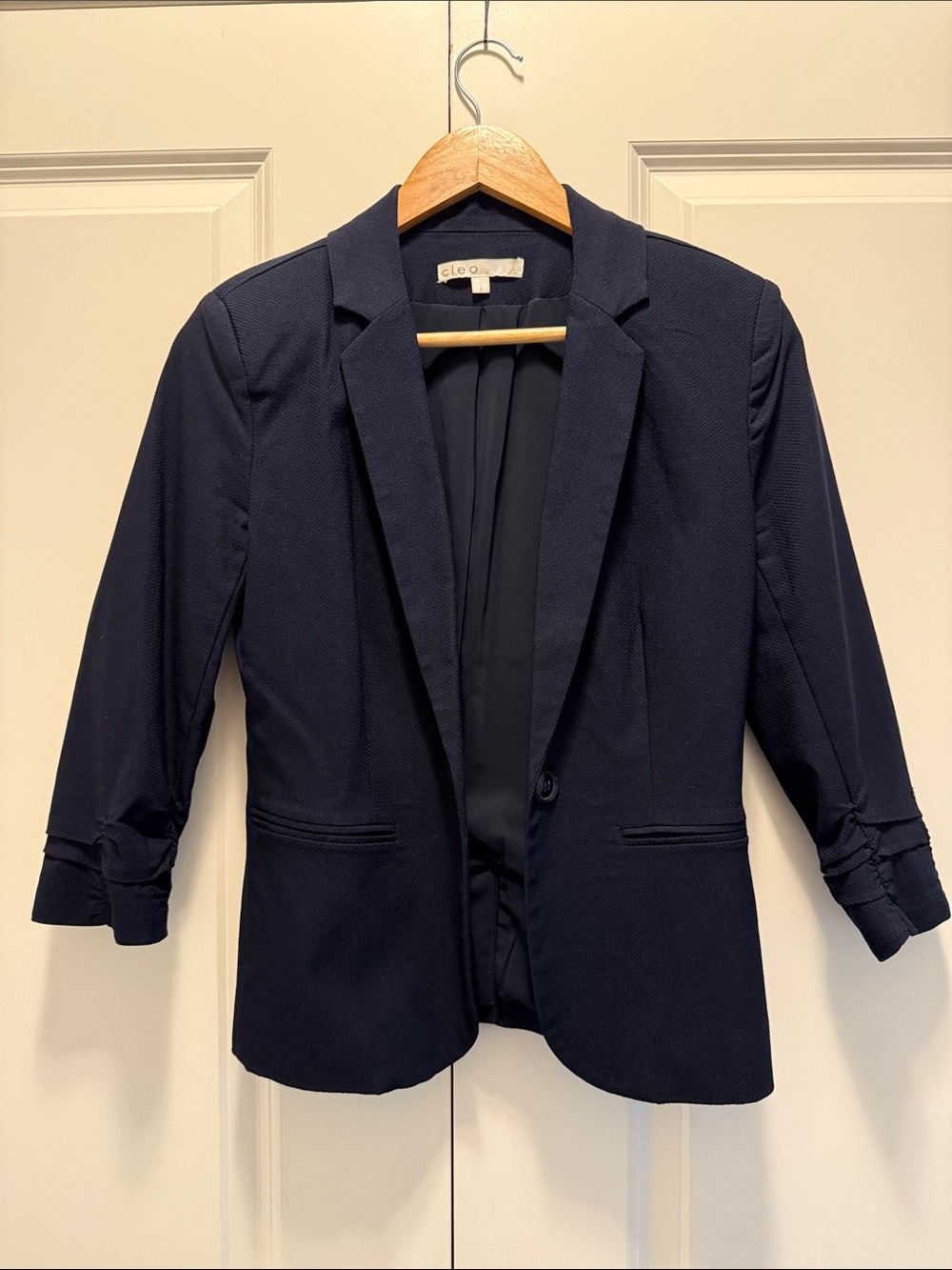 cleo Navy Textured Open Blazer with 3/4 Rouched Sleeves
